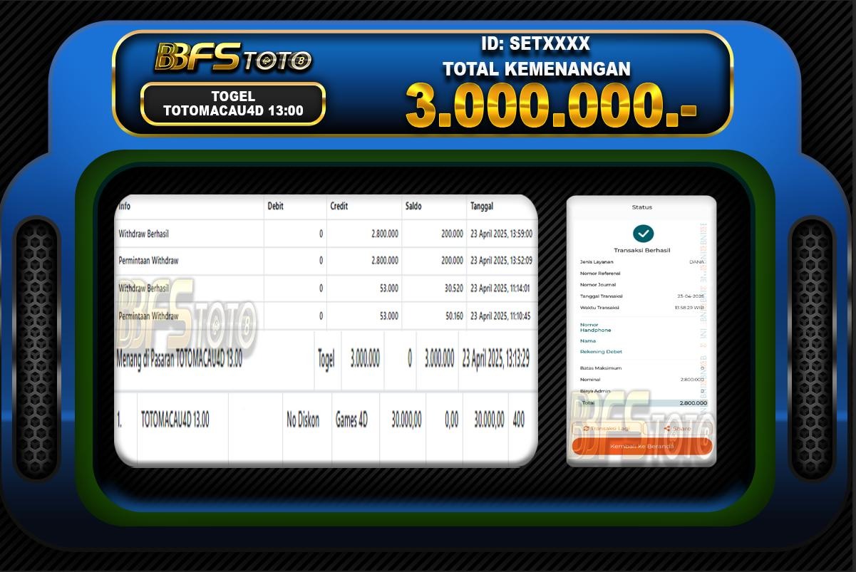 TOGEL TOTOMACAU4D 13.00 – BUKTI JACKPOT BBFSTOTO