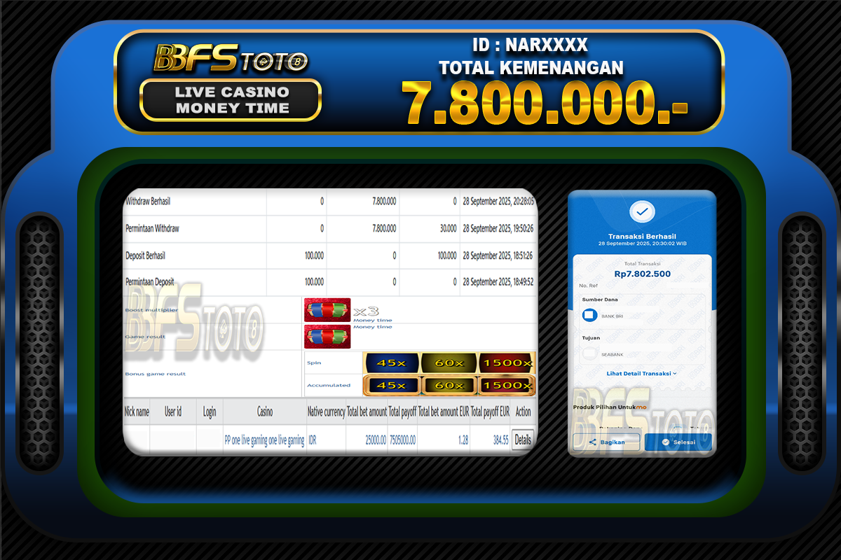 MONEY TIME – BUKTI JACKPOT LIVECASINO BBFSTOTO