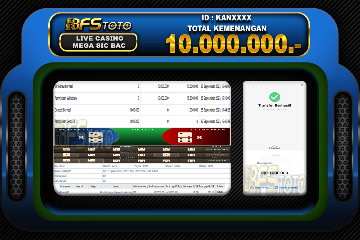 MEGA SIC BAC – BUKTI JACKPOT LIVECASINO BBFSTOTO