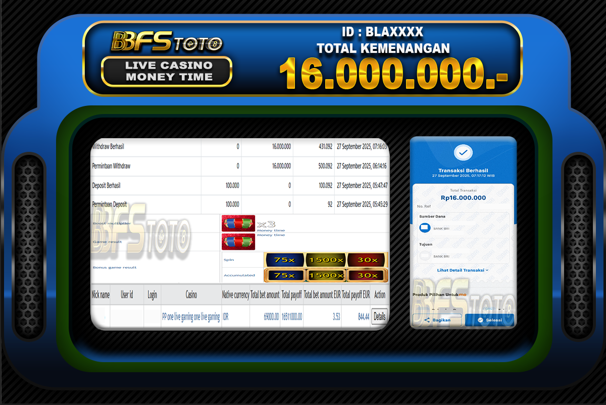MONEY TIME – BUKTI JACKPOT LIVECASINO BBFSTOTO