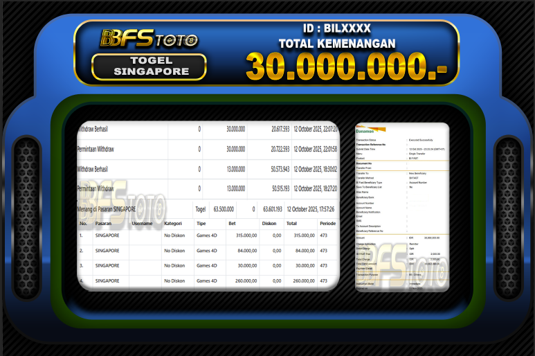 TOGEL PASARAN SINGAPORE  – BUKTI JACKPOT BBFSTOTO