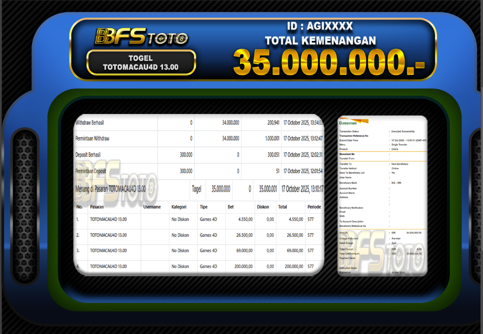 TOGEL TOTOMACAU4D 13.00 – BUKTI JACKPOT BBFSTOTO