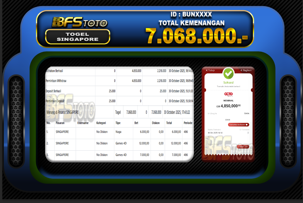 TOGEL PASARAN SINGAPORE  – BUKTI JACKPOT BBFSTOTO