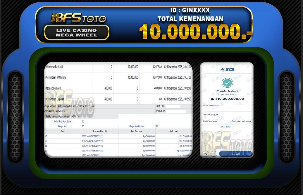 MEGA WHEEL – BUKTI JACKPOT SLOT BBFSTOTO