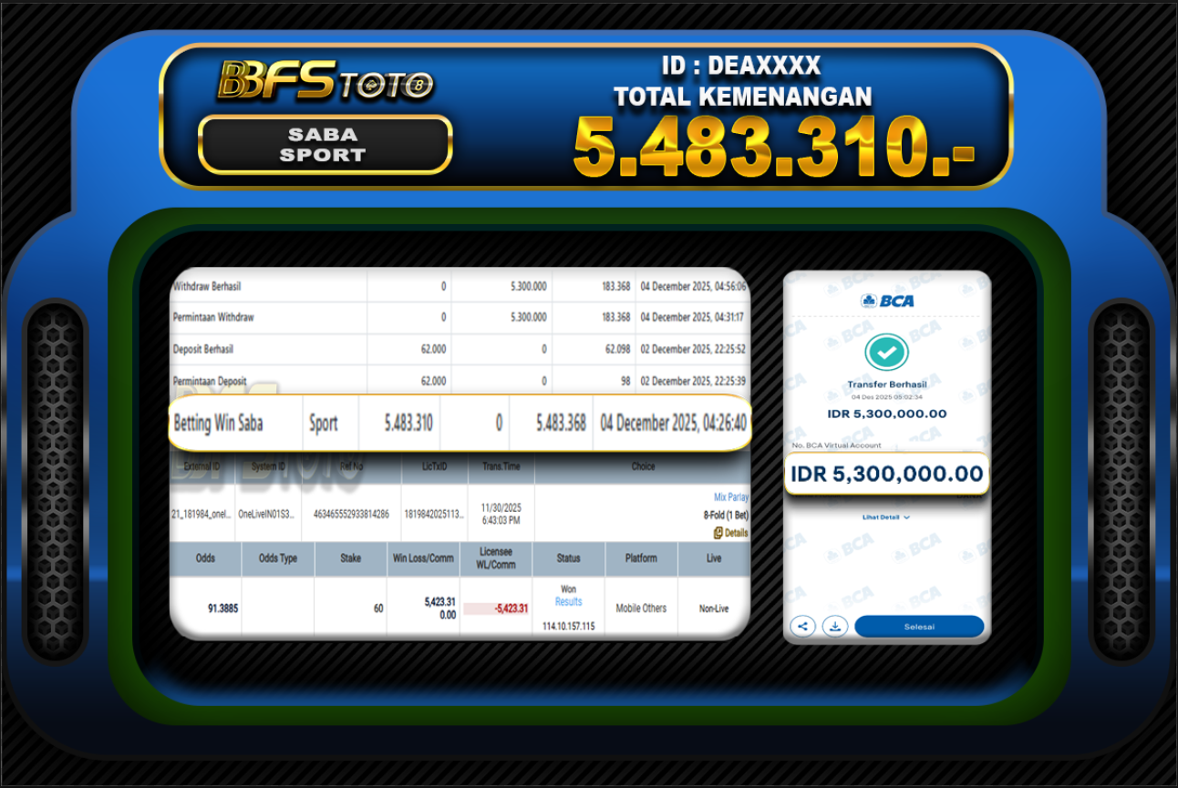 SABA SPORT – BUKTI JACKPOT SLOT BBFSTOTO