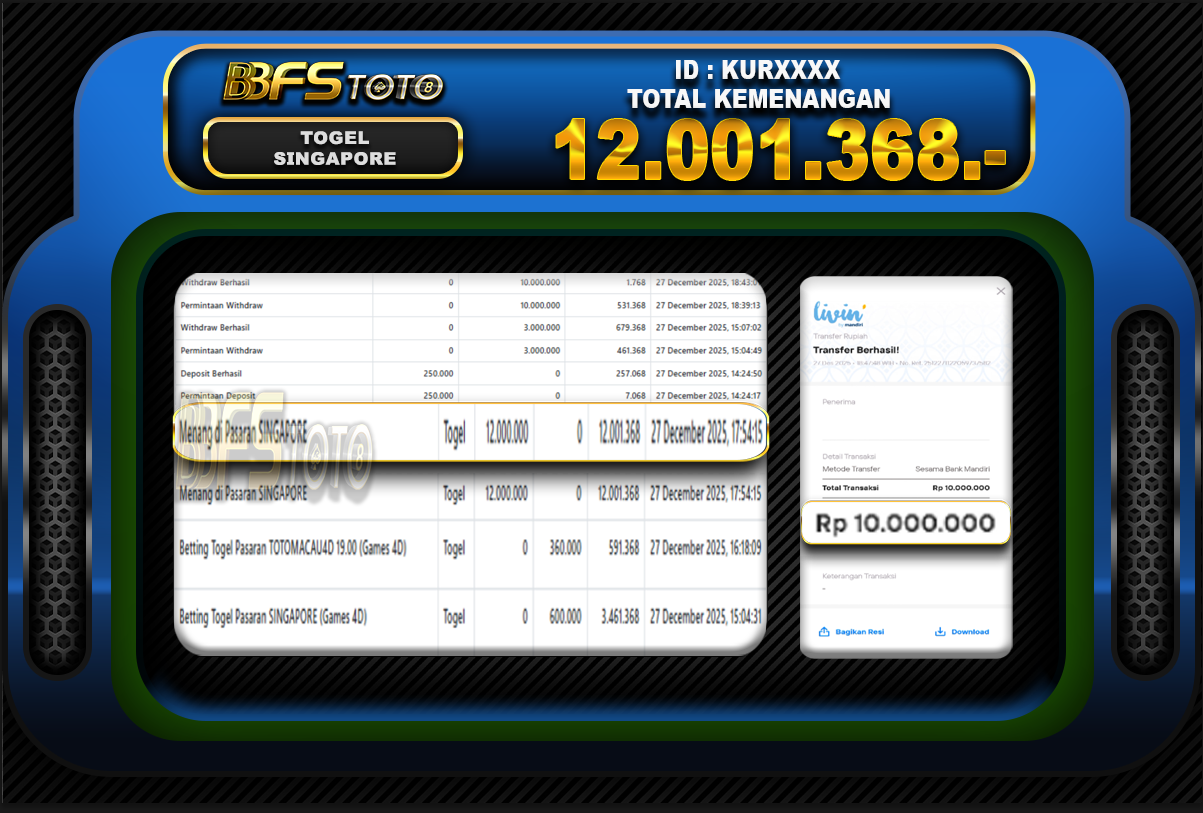 TOGEL PASARAN SINGAPORE  – BUKTI JACKPOT BBFSTOTO