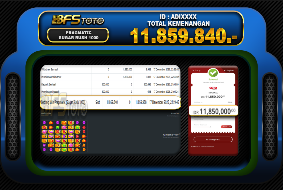 SUGAR RUSH 1000  – BUKTI JACKPOT BBFSTOTO