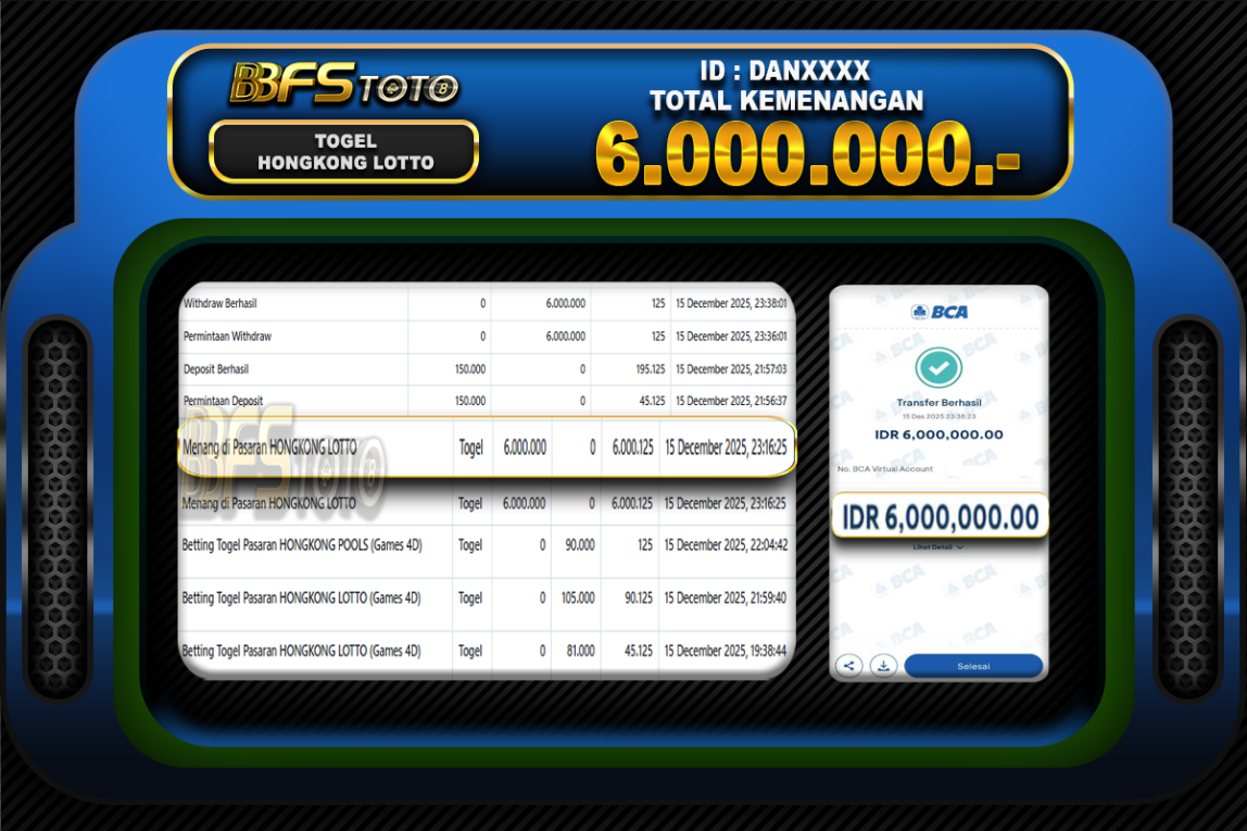 TOGEL HONGKONG LOTTO – BUKTI JACKPOT BBFSTOTO