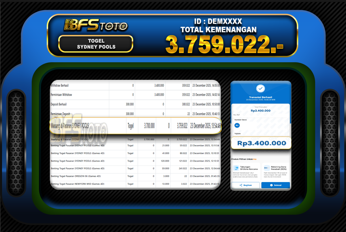 TOGEL SYDNEY POOLS  – BUKTI JACKPOT BBFSTOTO