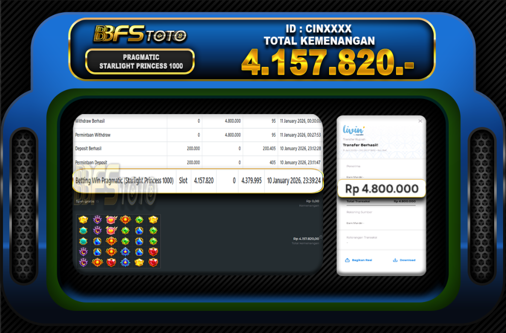 STARLIGHT PRINCESS 1000 – BUKTI JACKPOT SLOT BBFSTOTO