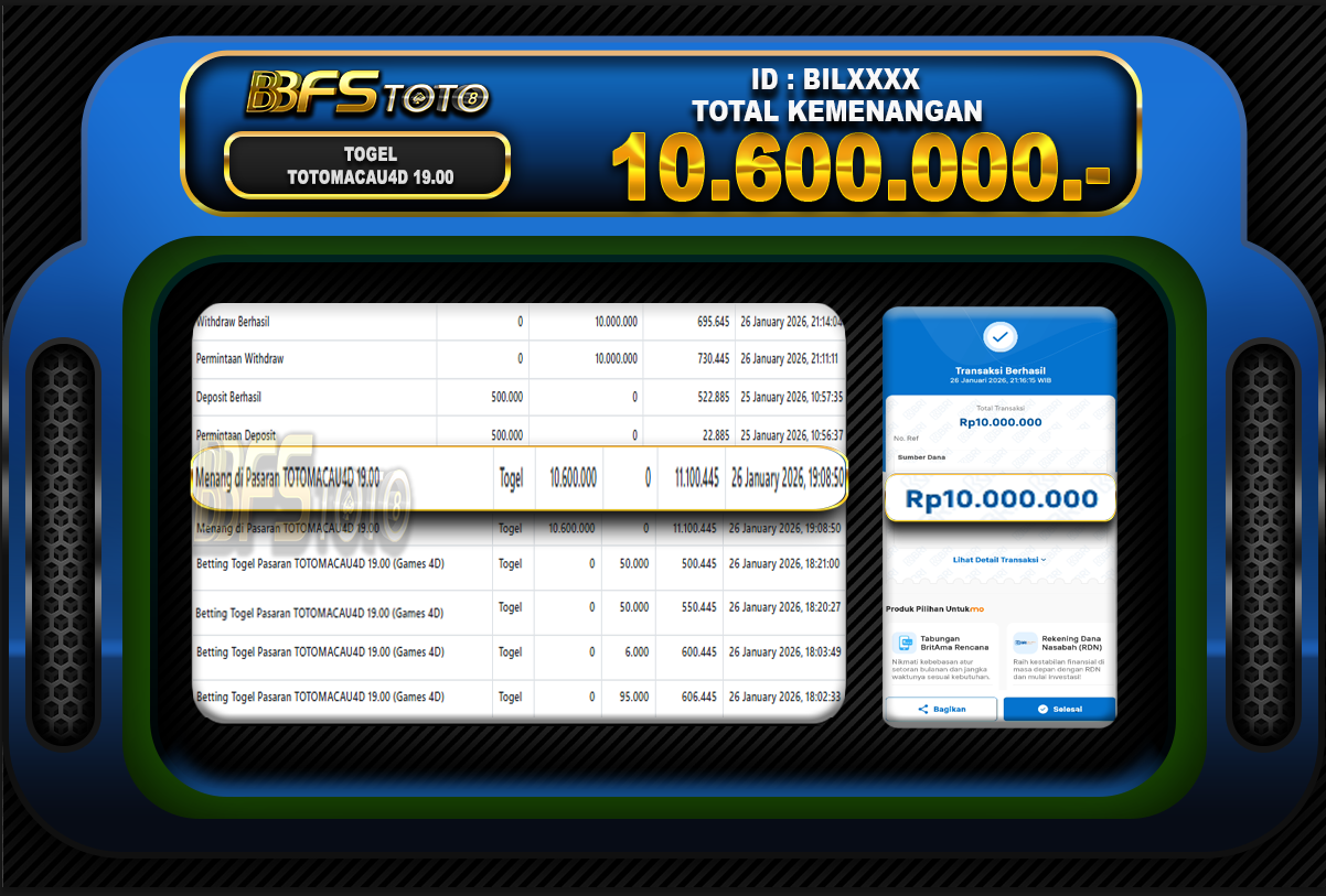 TOGEL TOTOMACAU4D 19.00 – BUKTI JACKPOT BBFSTOTO