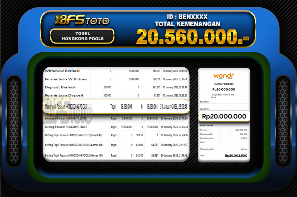 TOGEL HONGKONG POOLS – BUKTI JACKPOT BBFSTOTO