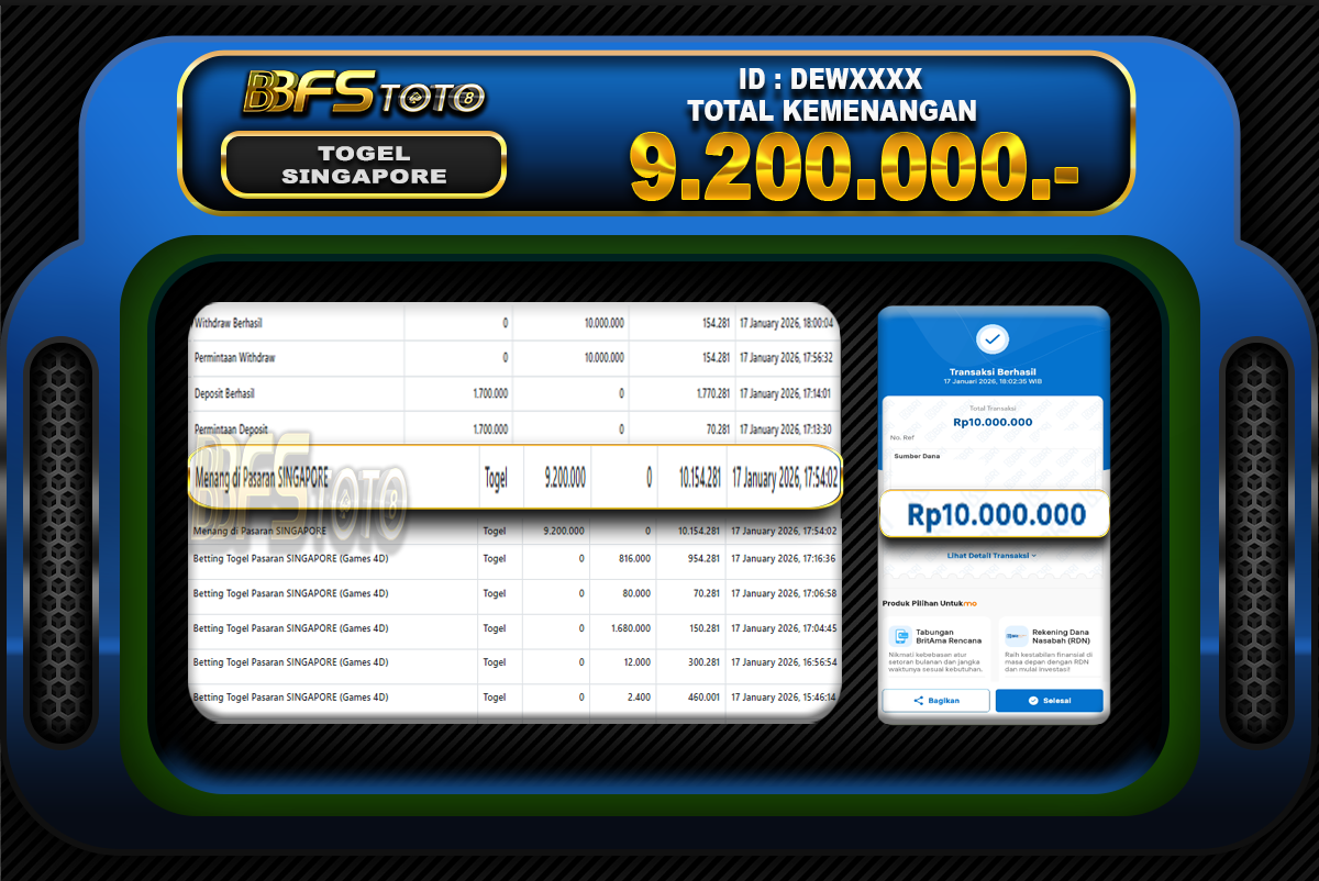 TOGEL PASARAN SINGAPORE  – BUKTI JACKPOT BBFSTOTO