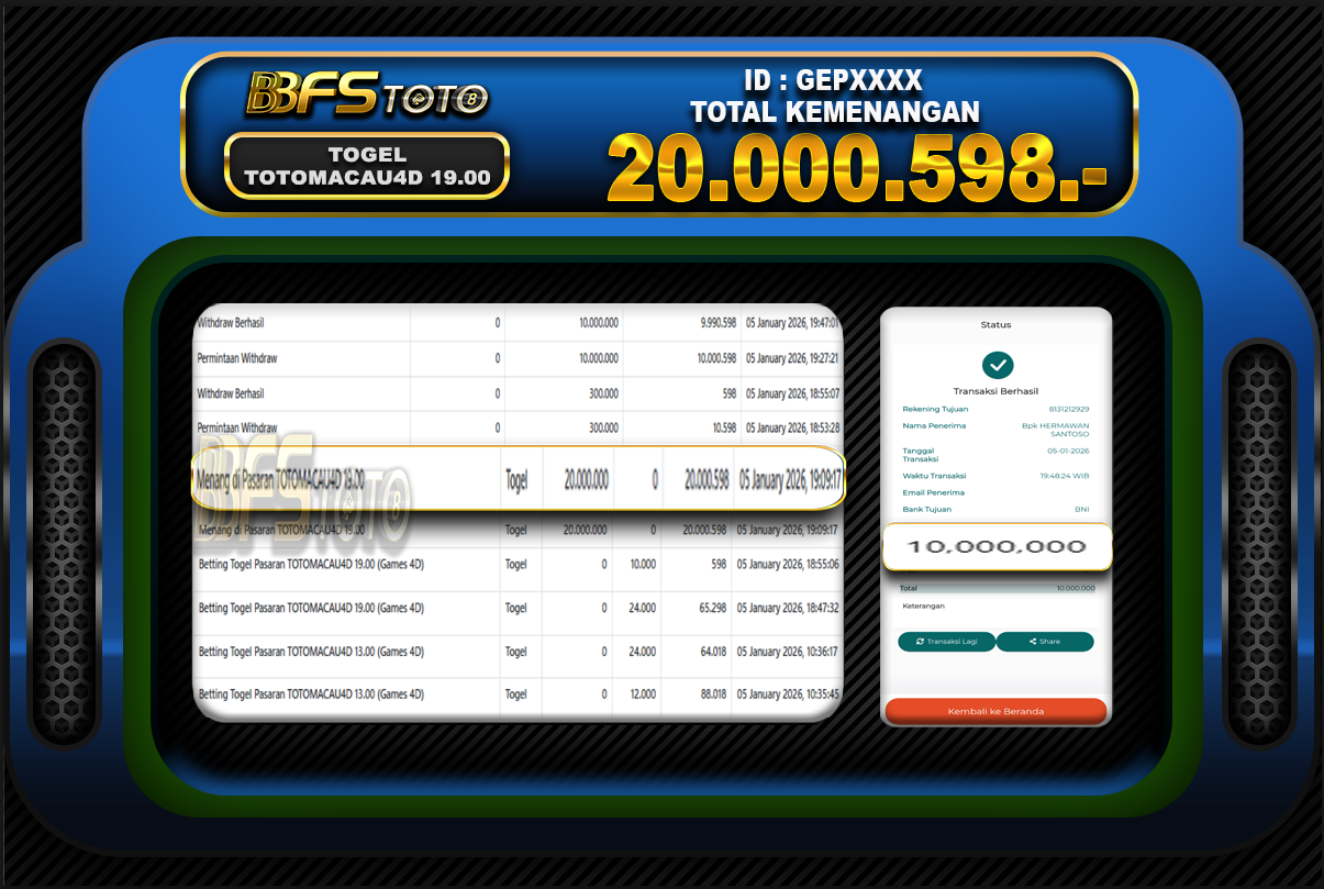 TOGEL TOTOMACAU4D 19.00 – BUKTI JACKPOT BBFSTOTO