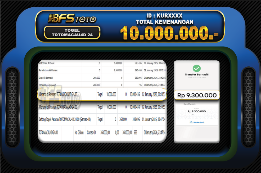 TOGEL TOTOMACAU4D 24.00 – BUKTI JACKPOT BBFSTOTO