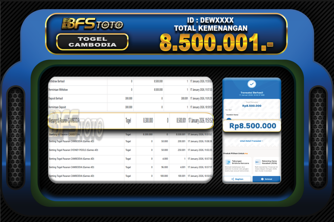 TOGEL CAMBODIA  – BUKTI JACKPOT BBFSTOTO