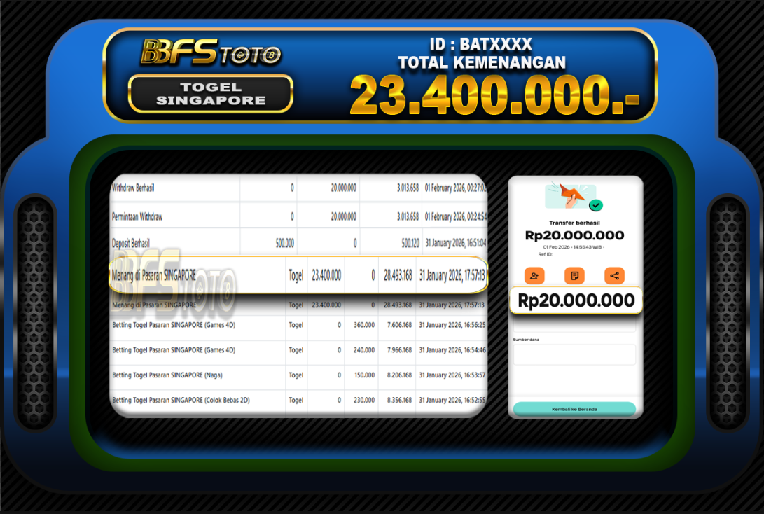 TOGEL PASARAN SINGAPORE – BUKTI JACKPOT BBFSTOTO