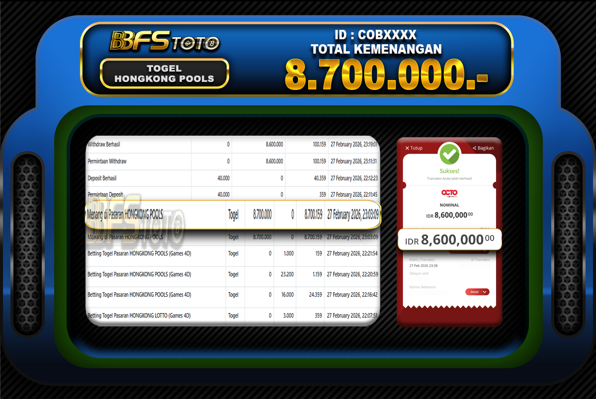 TOGEL HONGKONG POOLS – BUKTI JACKPOT BBFSTOTO