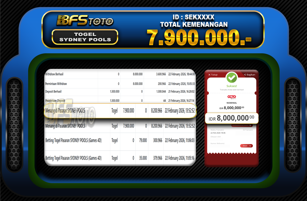 TOGEL SYDNEY POOLS – BUKTI JACKPOT BBFSTOTO