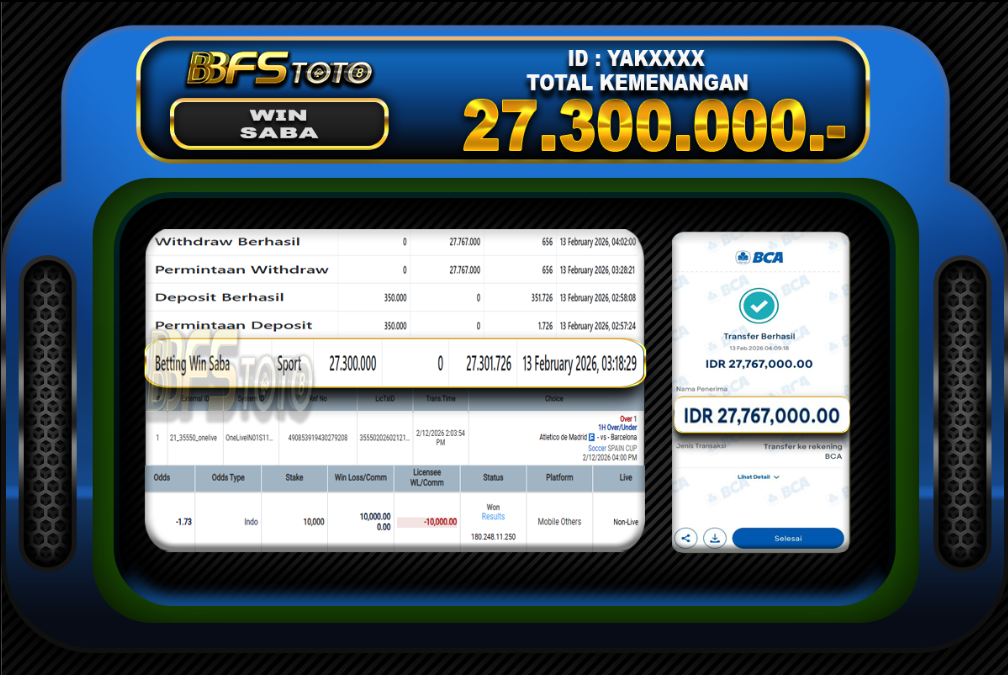 SABA SPORT – BUKTI JACKPOT BBFSTOTO