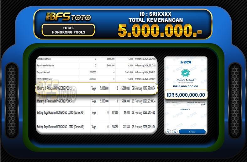 TOGEL HONGKONG POOLS – BUKTI JACKPOT BBFSTOTO