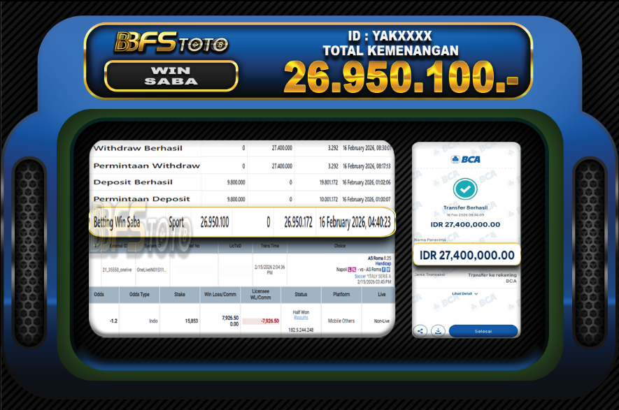 SABA SPORT – BUKTI JACKPOT BBFSTOTO