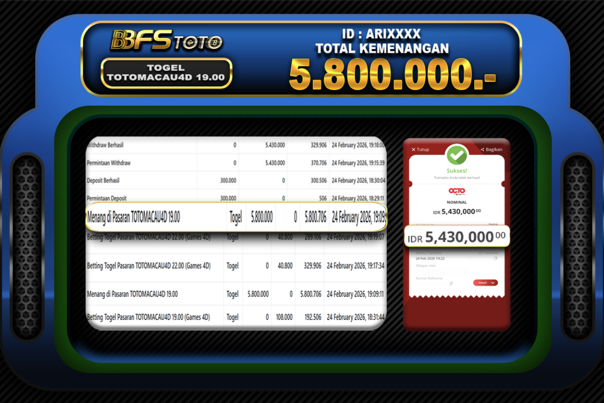 TOGEL TOTOMACAU4D 19.00 – BUKTI JACKPOT BBFSTOTO