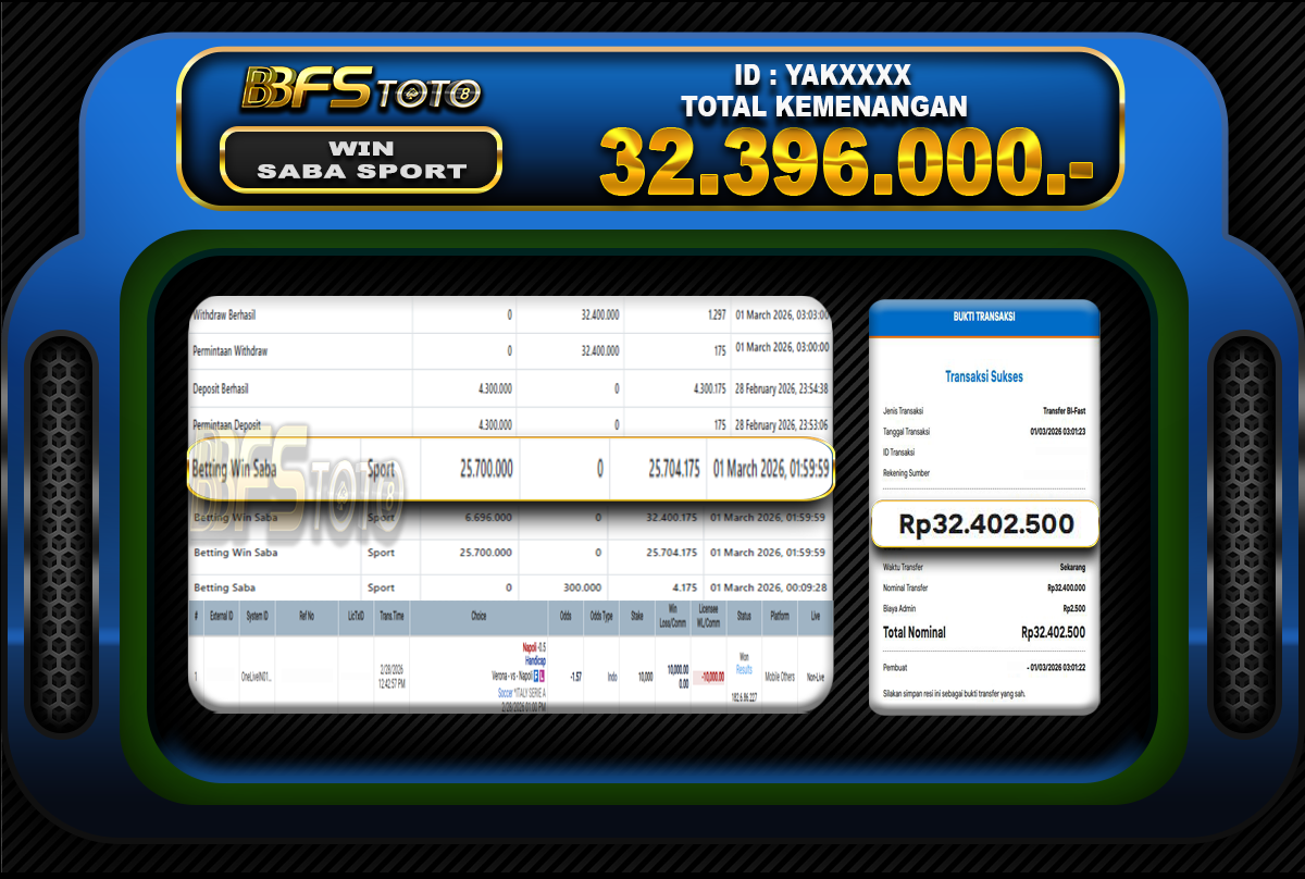 SABA SPORT – BUKTI JACKPOT BBFSTOTO