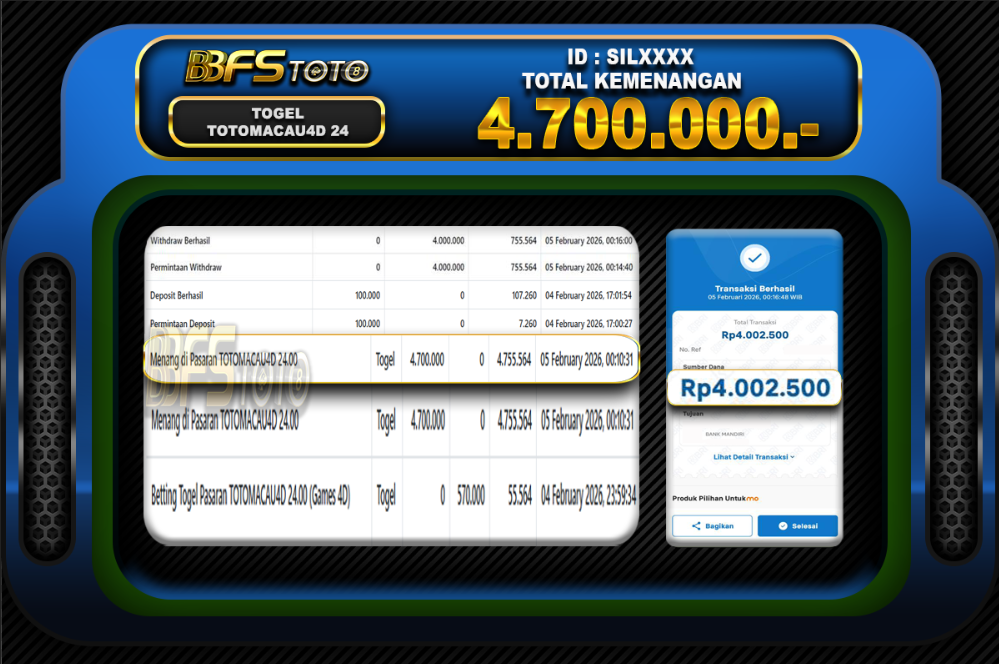 TOGEL TOTOMACAU4D 24.00 – BUKTI JACKPOT BBFSTOTO