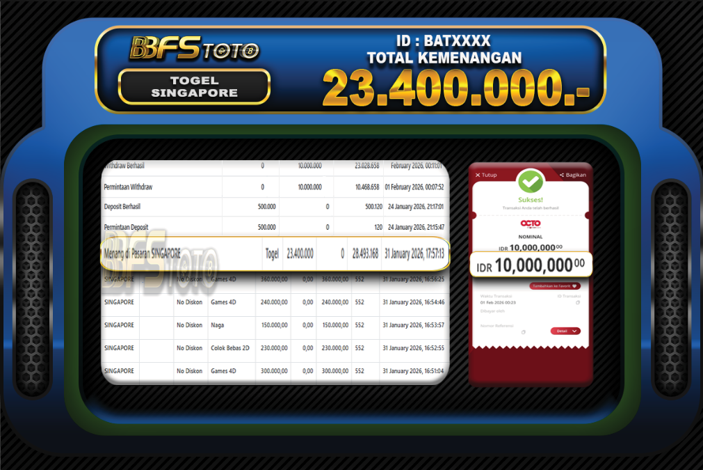 TOGEL PASARAN SINGAPORE – BUKTI JACKPOT BBFSTOTO