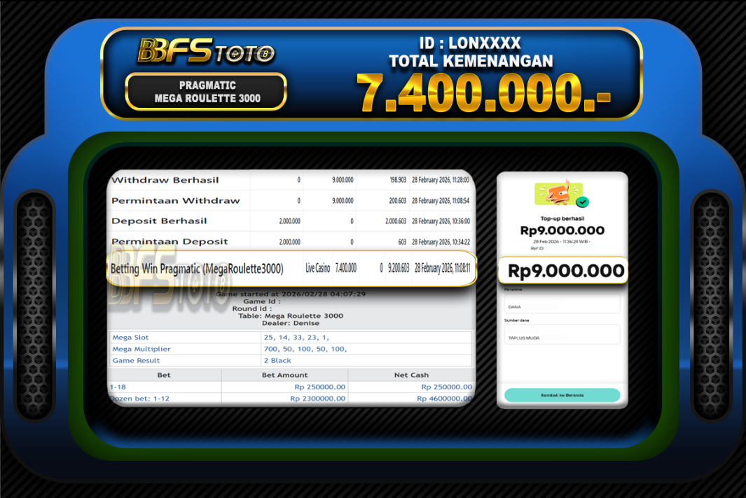 MEGAROULETTE3000 – BUKTI JACKPOT LIVECASINO BBFSTOTO