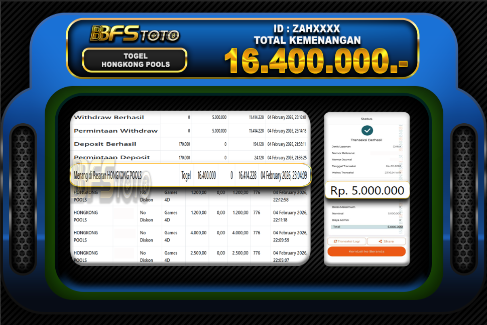 TOGEL HONGKONG POOLS – BUKTI JACKPOT BBFSTOTO